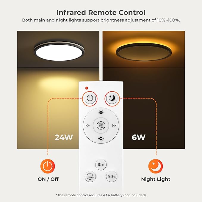 Matane 2Pack 12in LED Flush Mount Ceiling Light Fixture with Remote Control, Nightlight 2000K Warm, 3000K-6500K Adjustable, Low Profile Ceiling Lights for Bedroom, Kitchen, Living Room, Black