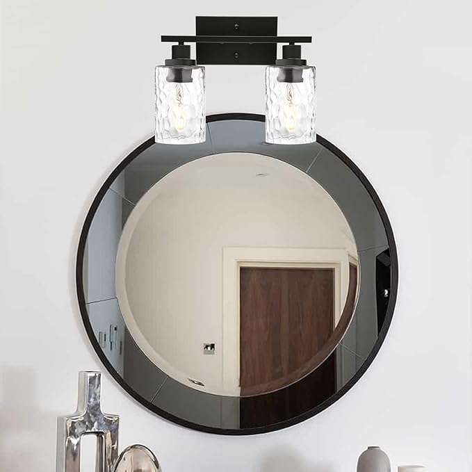MELUCEE Indoor Wall Sconce Lighting 2-Light Matte Black with Clear Hammered Glass, Modern Bathroom Vanity Light Fixtures Wall Lamp for Mirror Cabinets Powder Room (Patent No.: US D963914 S)