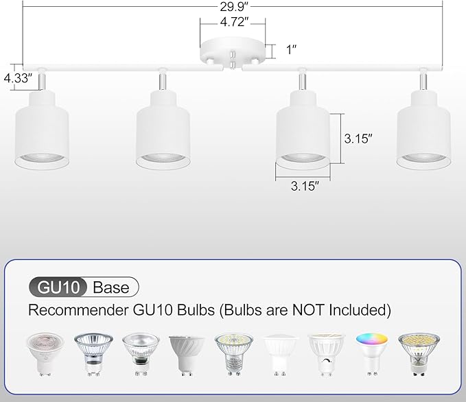 4-Light Led Track Lighting,White Ceiling Lighting Fixtures,Wall Sconces Ceiling Spotlight with Foldable Light Arms for Kitchen, Closet, Bedroom,GU10 Socket, Bulbs Not Included