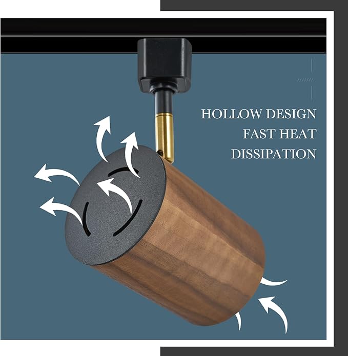 Modern H Type Track Lighting, Adjustable Black Finish and Real Dark Wood Lampshade Spotlight Heads, Brass Swivel Item Kit, for Accent Retail-Pack of 3