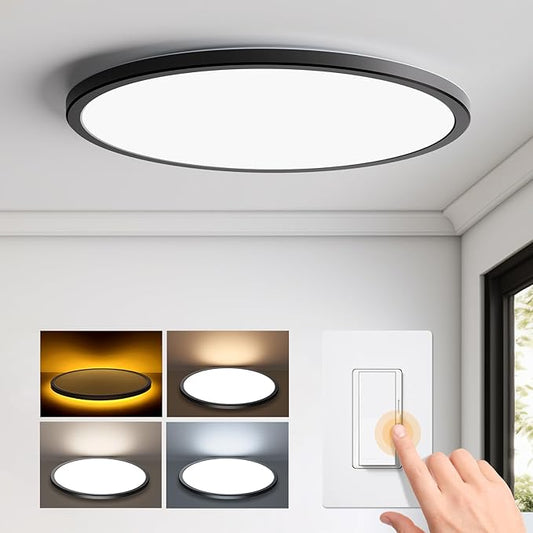 Matane 15.4in Dimmable LED Flush Mount Ceiling Light with Night Light, 36W Ceiling Lighting Fixture, 3000K/4000K/5000K Selectable, Low Profile Ceiling Lights for Bedroom, Kitchen, Hallway, Black