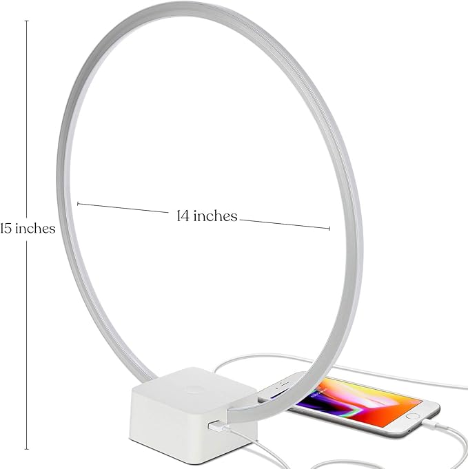 Brightech Circle LED Nightstand Lamp with USB Port – Compact Bed Stand Lamp for Bedroom, Living Room - Modern Asian Table & Desk Lamp on Side & End Tables - White