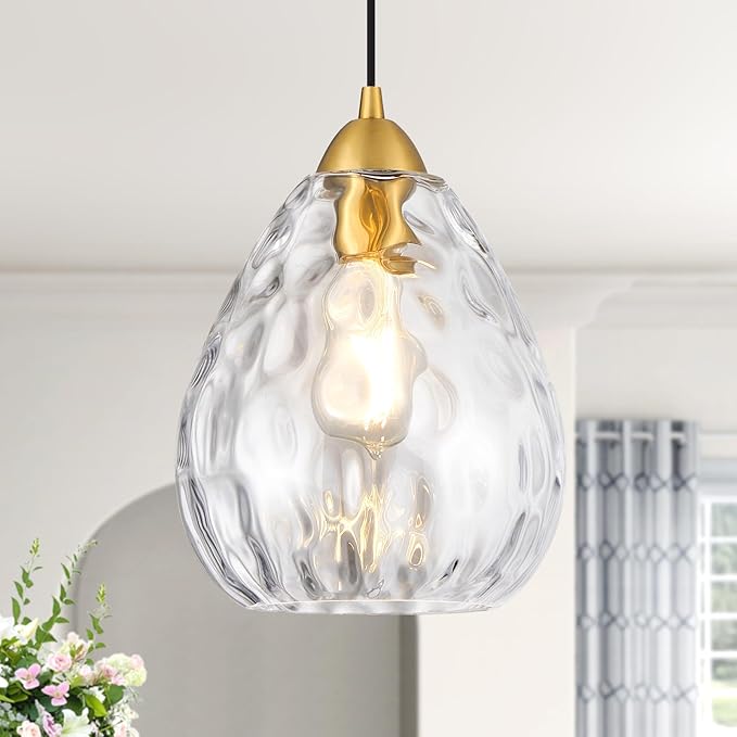 8''Small Pendant Light Fixtures,1-Light Modern Pendant Lights with Clear Hammered Glass Shade,Gold Adjustable Hanging Pendant Lighting for Kitchen Island Dining Room Bedroom(1 Pack)