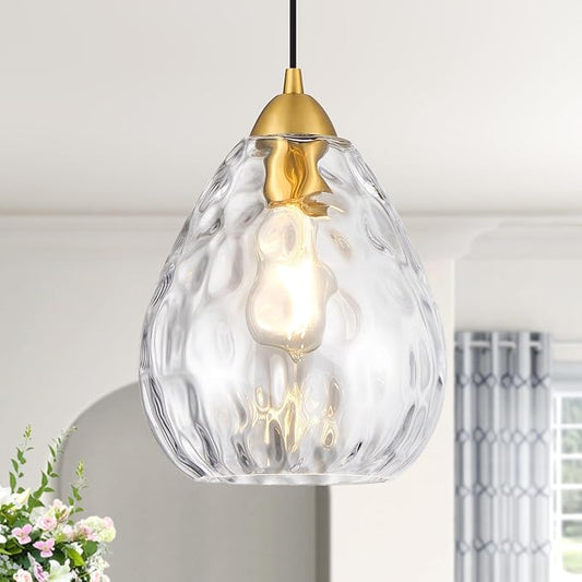 8''Small Pendant Light Fixtures,1-Light Modern Pendant Lights with Clear Hammered Glass Shade,Gold Adjustable Hanging Pendant Lighting for Kitchen Island Dining Room Bedroom(1 Pack)