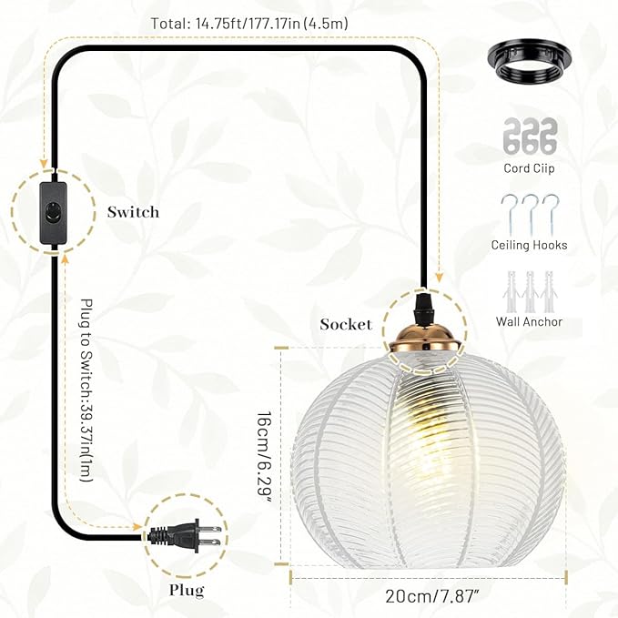 Plug in Pendant with 14.75ft Cord On/Off Switch, Swag Lamp Clear Glass Globe Shade Vintage Pendant Light Plug in Hanging Light for Kitchen Island Dining Room Bedroom