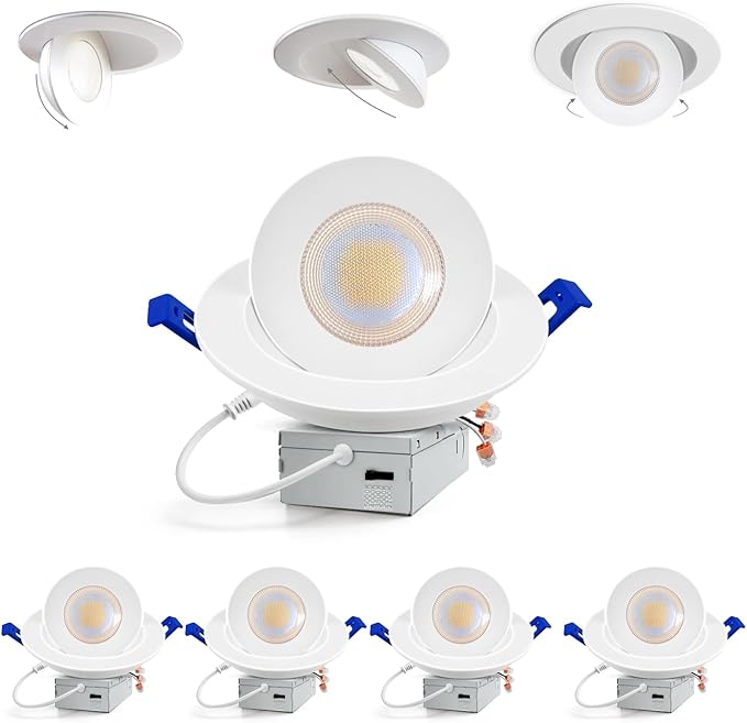 Adetu 6 inch 5CCT Gimbal Led Recessed Lights, 360°+90° Adjustable Directional Recessed Lighting, 2700K/3000K/3500K/4000K/5000K Dimmable Remodel Eyeball Canless Downlight with Jbox, ETL (White,4 Pack)