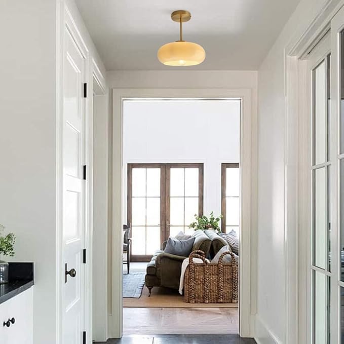 Mid Century Ceiling Light Fixtures Milk Glass Ceiling Lights Round Milk Yellow Shade Gold Brass Semi Flush Mount Ceiling Light Globe Glass Ceiling Lamp for Hallway Dining Room Kitchen