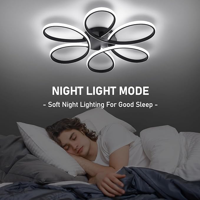 26inch Modern LED Ceiling Light, 6 Rings Flower Flush Mount Light Fixture with Remote Control Black Dimmable Ceiling Lamp for Living Room, Bedroom, Dining Room, Hallway, Kitchen