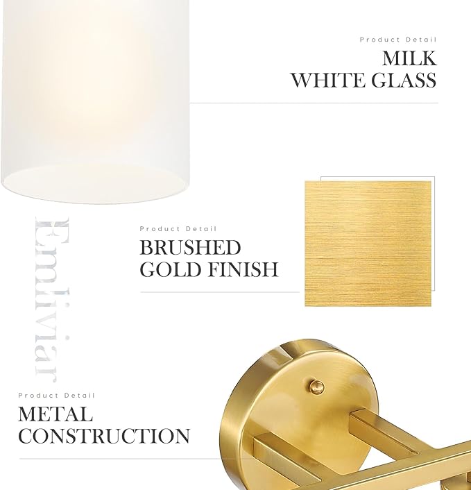 Emliviar Bathroom Vanity Light Fixture Brushed Gold, 5-Light Bathroom Lighting Fixture Over Mirror with Milk White Glass Shade, YCE253B-5W BG