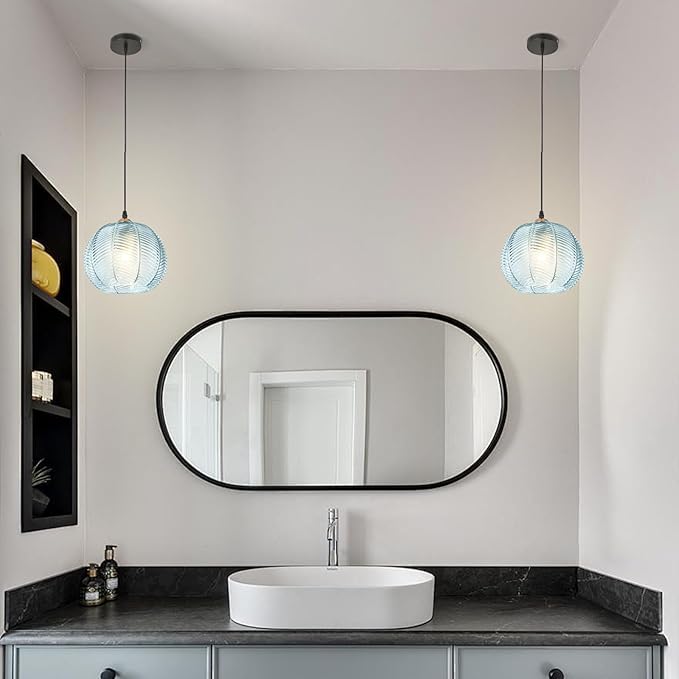 Modern Pendant Light for Bathroom, 8.6-inch Blue Hand Blown Ribbed Glass Hanging Pendant Light Fixture, Farmhouse Adjustable Hanging Lighting for Kitchen Island Dining Room Bedroom