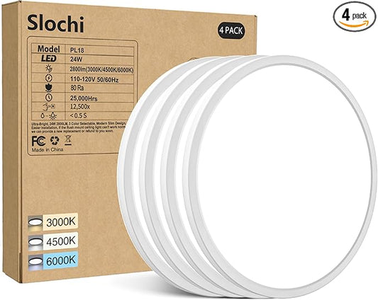 slochi 4PACK LED Flush Mount Ceiling Light Fixture, 12Inch 28W LED Light, Dimmable & 3000K/4500K/6000K 3 Color Adjustable Round Light 3200LM Low Profile Ceiling Light Fixtures for Kitchen Bedroom