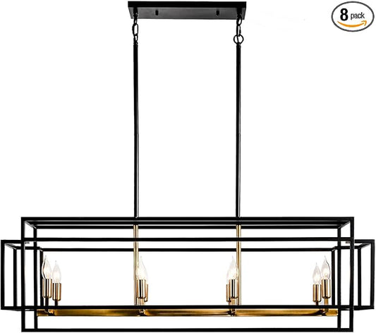 8-Light Kitchen Island Lighting, Black and Gold Rectangle Chandeliers for Dining Room, Metal Farmhouse Dining Room Light Fixtures Over Table, Linear Chandelier with Brushed Brass Socket
