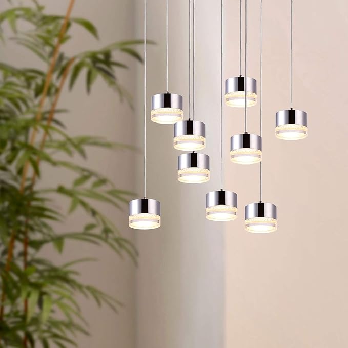 Jupiter 9 Mini Pendant Lighting Nickel - LED Hanging Light Fixture for Kitchen Island, Bar, Foyer - Cluster Pendants - Dimmable, Adjustable Wire, Lamp Bulb Included