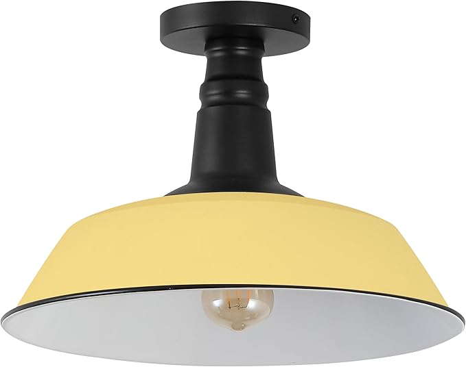 JONATHAN Y 14" Matte Yellow/Black 1-Light Industrial LED Semi Flush Mount Ceiling Light for Porch, Kitchen, Entryway, Modern Farmhouse Iron Fixture, White Metal Shade, LED Bulb Included (JYL7617H)