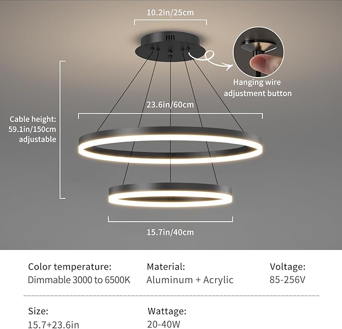 2 Ring Dimmable LED Modern Chandelier, Adjustable Hanging Foyer Pendant Light for Kitchen Island, Living Room, Entryway, 3000K-6500K Black Ceiling Pendant Light Fixture Over Dining Table Lighting