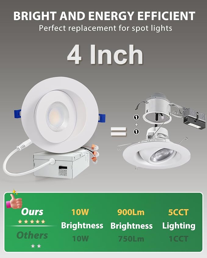 zouzai 4 inch 5CCT Gimbal Led Recessed Lights, 360°+90° Adjustable Directional Recessed Lighting, 2700K/3000K/3500K/4000K/5000K Dimmable Retrofit Eyeball Can Lights with Jbox, ETL(White, 1 Pack)