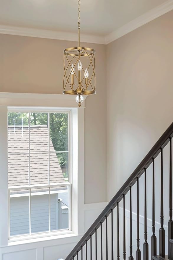 Kira Home Eleanor 26.5" Traditional 3-Light Chandelier, Cylinder Foyer Pendant Light, Adjustable Height, Warm Brass Finish