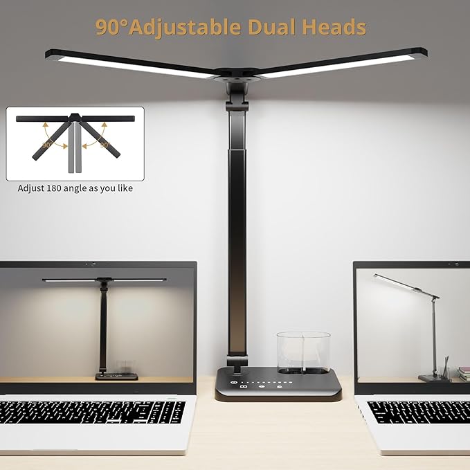 Woputne LED Desk Lamp, Dual Heads, Height Adjustable, USB Charging Port, 5 Light Modes & Dimmable Brightness, Bedside Lamp for Reading, Craft, Work, Study (Black, 15W)