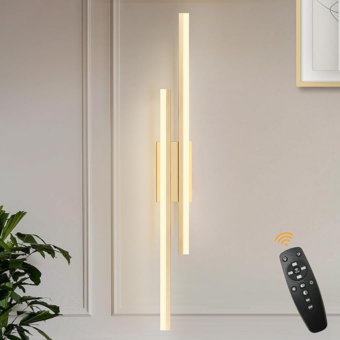 LED Wall Sconce Gold Modern Remote Wall Light Fixtures for Living Room, Dimmable LED Vanity Light Indoor Remote Wall Sconce for Bedside Bedroom Bathroom Dining Room, 39.4inch 1 Pack