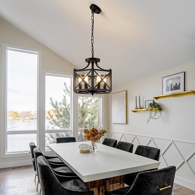 6-Light Pendant Lights Kitchen Island, Modern Black Pendant Light Fixture with Hexagonal Metal Cage, Adjustable Geometric Hanging Light for Entryway Foyer Dining Room, 1 Pack