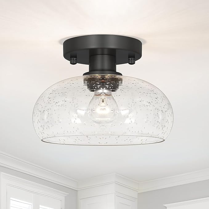Classic Black Hallway Light Fixture - 8 Inch Round Semi Flush Mount Ceiling Light with Seeded Glass Shade, Mid-Century Style Close to Ceiling Design for Entryways & Corridors
