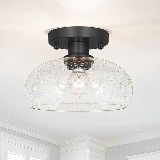 Classic Black Hallway Light Fixture - 8 Inch Round Semi Flush Mount Ceiling Light with Seeded Glass Shade, Mid-Century Style Close to Ceiling Design for Entryways & Corridors