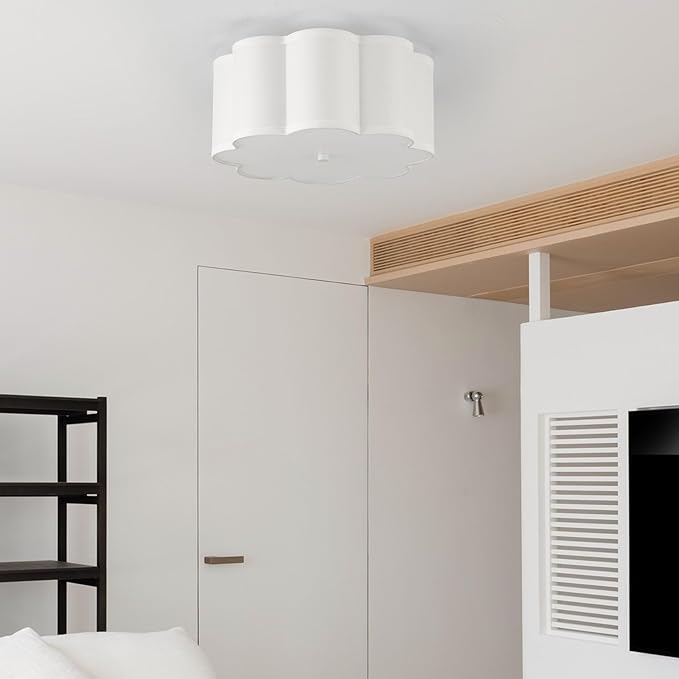 13.4"Semi Flush Mount Ceiling Light Fixture, 3-Light Modern Close to Ceiling Light With Fabric Flower-Shaped Shade, Light Fixtures Ceiling Mount for Bedroom Nursery Kids Room Living Room(White)