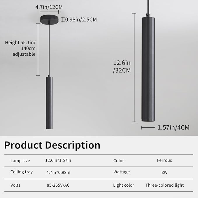 Modern LED Pendant Light for Kitchen Island, 3 Color 3000K/4500K/6500K, Black Minimalist Linear Hanging Light Fixture, 8W 800 Lumen, Mini Ceiling Chandelier for Dining Room, Bedroom, Hallway