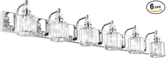 Ralbay Crystal Vanity Lights 6 Light 48" Modern Crystal Bathroom Lights Fixtures Over Long Mirror Stainless Steel Chrome Vanity Light for Bathroom Wall Lights Fixtures