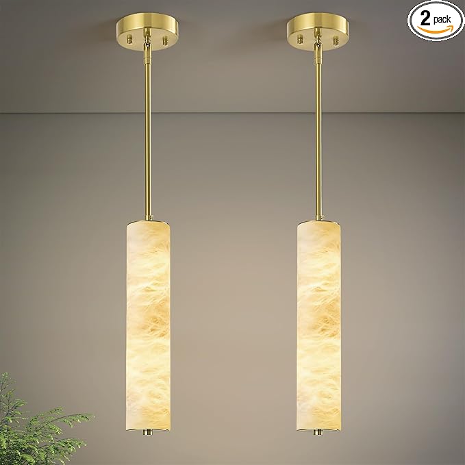 LMQNINE Natural Alabaster Pendant Lights White Marble 15" Long Tube Adjustable Boom Chandelier Modern 3000K Gold Ceiling Light for Kitchen Island Bedroom Dining Room Living Room Hallway(S-2Pack)