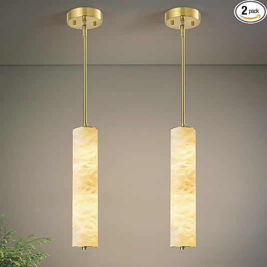 LMQNINE Natural Alabaster Pendant Lights White Marble 15" Long Tube Adjustable Boom Chandelier Modern 3000K Gold Ceiling Light for Kitchen Island Bedroom Dining Room Living Room Hallway(S-2Pack)