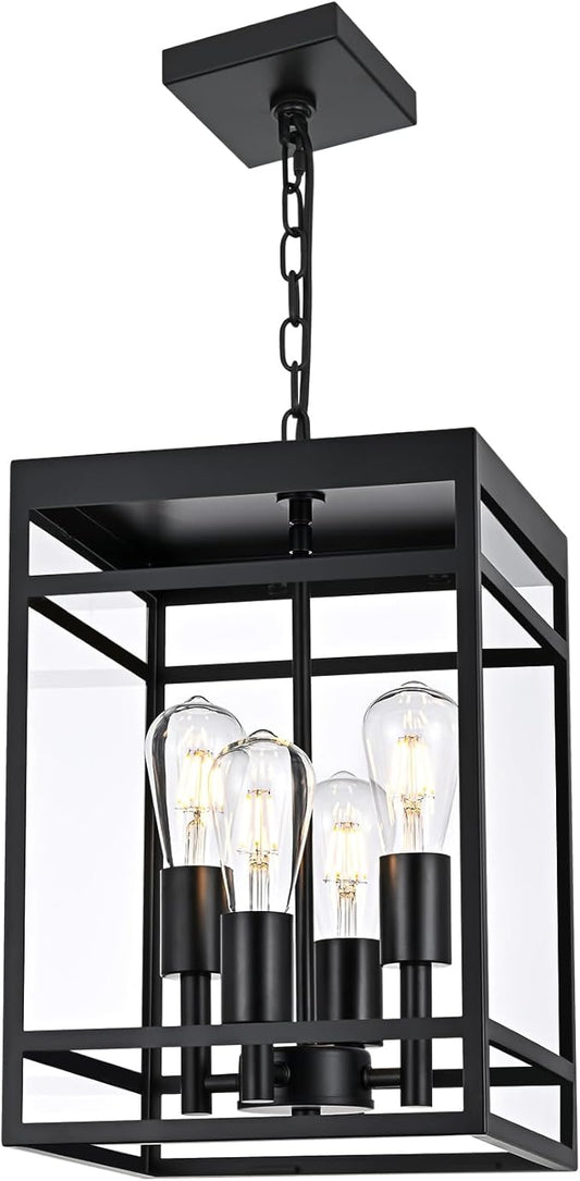 VINLUZ 4-Light 16" Outdoor Pendant Light with Adjustable Chain, Matte Black Outdoor Hanging Light Fixture, Exterior Hanging Lantern Chandelier for Entryway Patio Garden