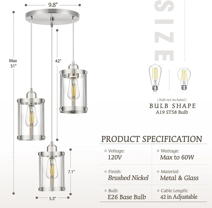 3-Light Pendant Lighting, Brushed Nickel Dining Room Chandelier Light Fixture Over Table with Clear Glass, Modern Cluster Hanging Lights for Kitchen Island Sink, OS-3014-3BN