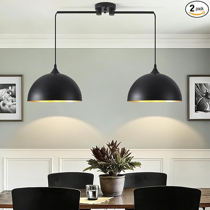 Black Pendant Lights Kitchen Island 2-Light, Black Dome Pendant Light, Kitchen Island Lighting, Dining Room Light Fixture, Island Pendant Lights for Kitchen, Dining Room, Bar, Cafe