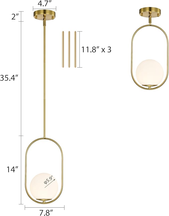 Alighting Gold Globe Pendant Lights Kitchen Island | Mid-Century Modern E12 Pendant Light Fixtures for Dining Room, Bedroom, Entryway, Commercial Spaces, Adjustable Length with 5.9" Glass Shade