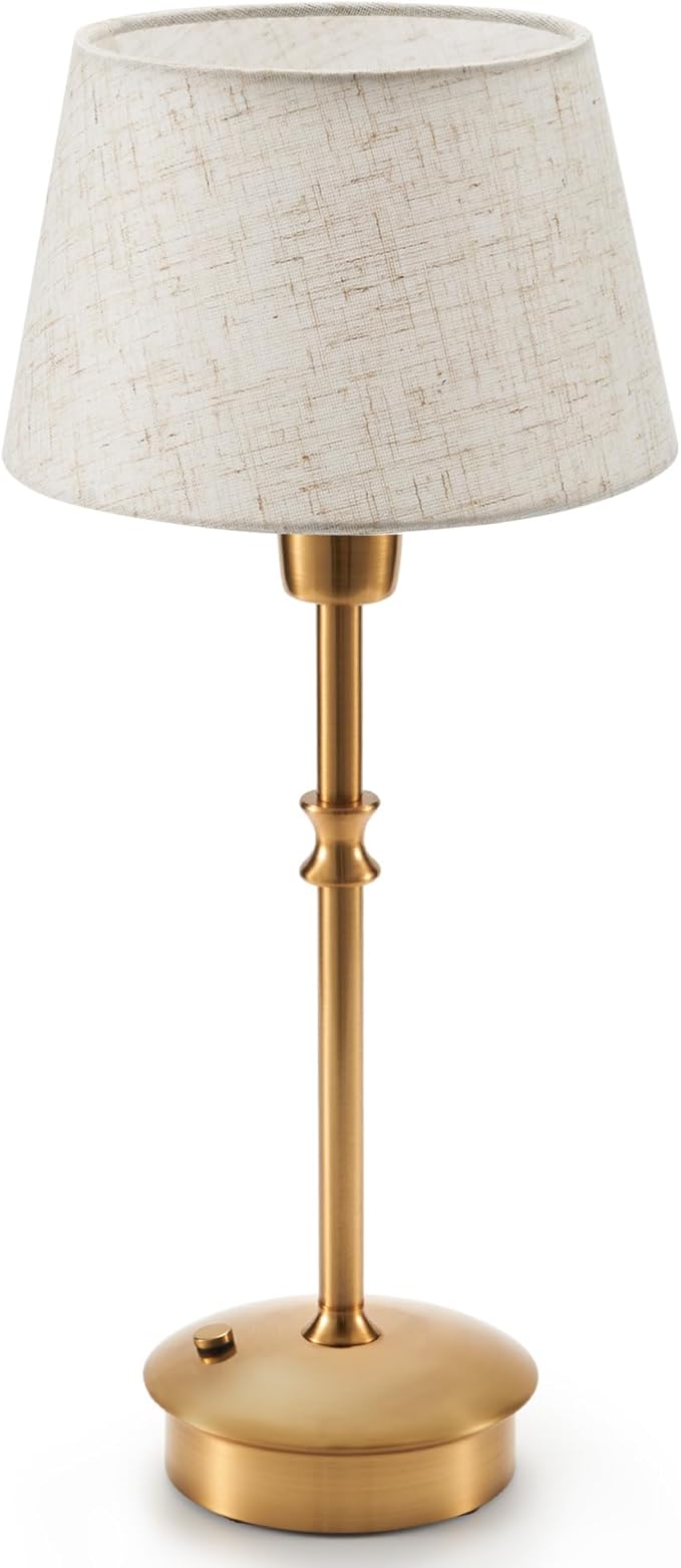 UMEXUS Cordless Lamp Rechargeable Table Lamps, 5000mAh Battery Operated Lights, 3 Level Brightness Dimmable, Portable Night Bedside Light for Patio, Restaurant, Dining, Fabric Shade, Antique Brass