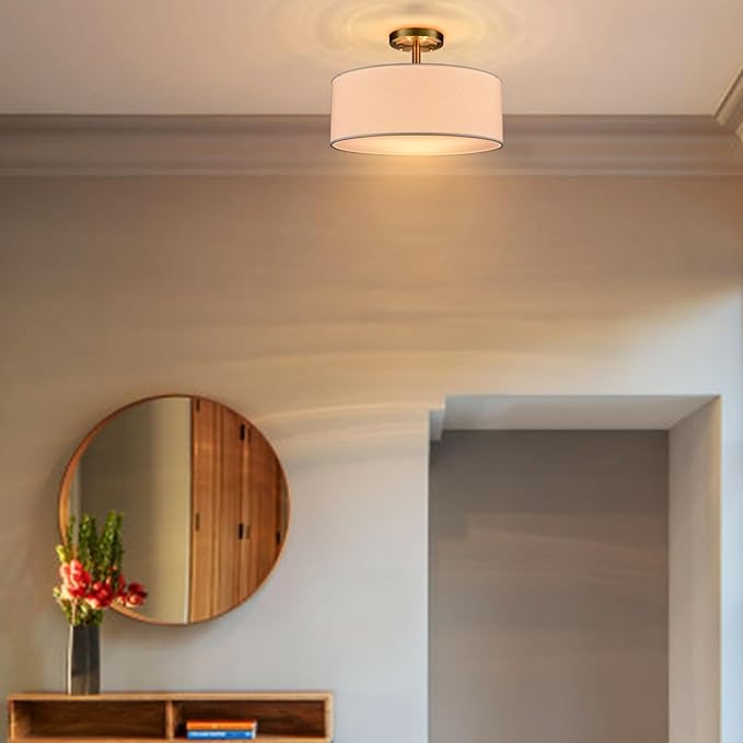 3-Light Gold Semi Flush Mount Ceiling Light Fixture, 15-Inch Drum Light Fixtures Modern Brass Close to Ceiling Light for Bedroom Hallway Living Room Kitchen
