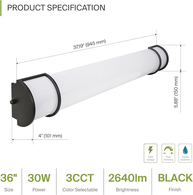 ASD LED 36" Vanity Flush Mount Light Fixture, Linear Bathroom Lighting Bar | 3CCT, Dimmable, Energy Star, ETL Listed | 30W 2650LM 3000-5000K 120V | Long Bath Wall Sconce Over Mirror | Black, 2 Pack