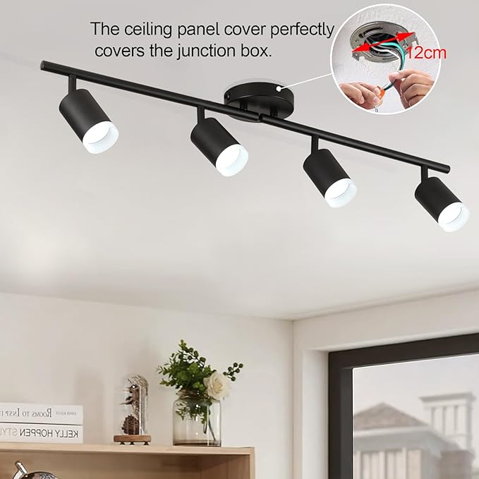 Plug in Track Lighting Kit, 80cm LED 4 Light Kitchen Track Lighting, Corded Wall Light with 16.4ft Cord, 4 Way Ceiling Spot Lighting Flexibly Rotatable Head Includes 4xGU10 Bulb (4 Black-Acrylic-80cm)