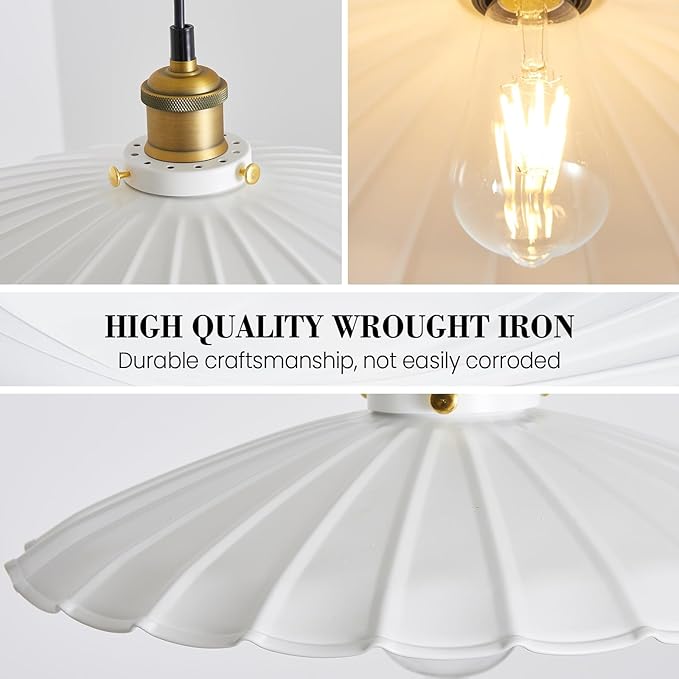 Plug in Pendant Light 13.8 Inch White Round Metal Shade Vintage Hanging Lamp Plug in 14Ft Adjustable Dome Industrial Hanging Plug in Light for Living Room 2Pack