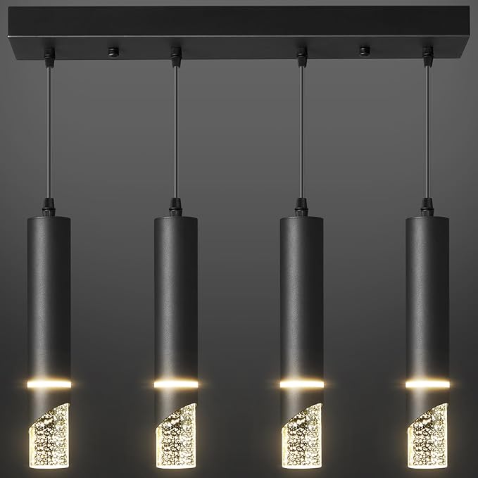 Modern LED Pendant Lighting Fixture 48-Watt 4 Light Black Kitchen Island Chandelier Dimmable Kitchen Light Fixtures Perfect for Dining Room Hanging Island Lighting Crystal Bubble Pendant Lights