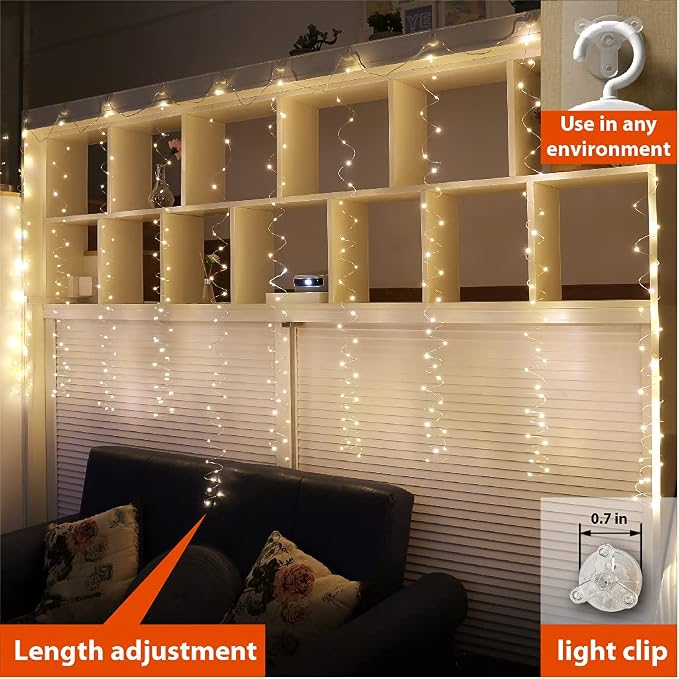 ZSJWL 2 Pack Curtain Lights, 300 LED Curtain Fairy Light with Remote, 8 Modes 9.8 × 9.8 Ft Twinkle String Lights, USB Plug in Copper Wire Lights for Bedroom Window Chrismas Wedding Party, Warm White
