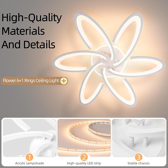 Modern LED Light, 6+1 Rings 93W Dimmable Fixture 29.5" 3000K-6500K Flush Mount White Flower Ceiling Lamp with Remote for Living Room, Bedroom, Kitchen