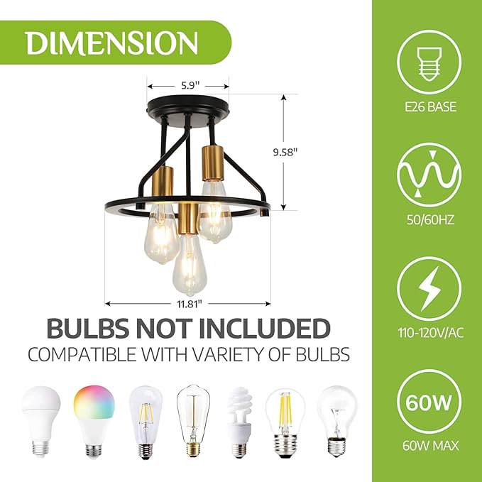 WILON Semi Flush Mount Ceiling Light 3-Light Ceiling Light Fixtures - Industrial Hallway Light Fixtures Black Gold Farmhouse Kitchen Light E26 Socket Ceiling Lamp for Hallway Kitchen Foyer