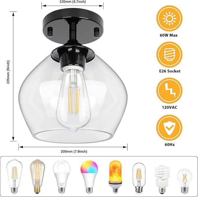 Modern Semi Flush Mount Ceiling Light with Clear Glass Shade, Industrial Close to Ceiling Light, Hanging Ceiling Light Fixture for Hallway, Bedroom, Dining Room, Entryway, Foyer