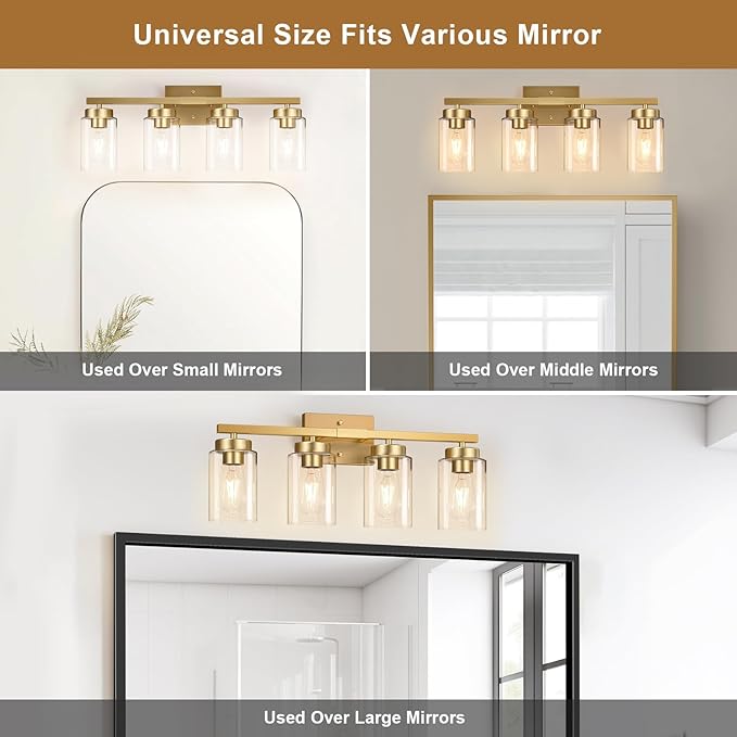 IZORRO Modern Bathroom Light Fixtures, 4 Light Brushed Gold Vanity Lights, Bathroom Lighting Fixtures Over Mirror with Clear Glass for Living Room Cabinet Bedroom