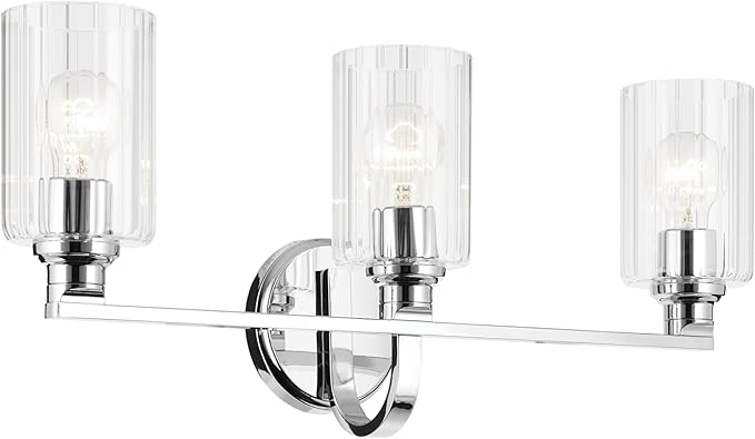 Kichler Gioe 24.25" 3-Light Bathroom Vanity Light Fixture with Clear Fluted Glass in Chrome, Damp Rated for Bathroom Over Mirror, Modern Style (24.25" W x 10.5" H), 55226CHFLU