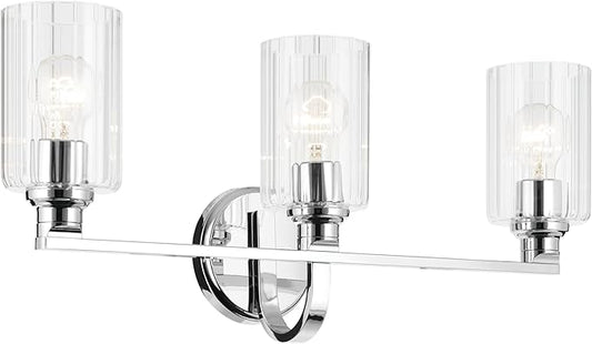 Kichler Gioe 24.25" 3-Light Bathroom Vanity Light Fixture with Clear Fluted Glass in Chrome, Damp Rated for Bathroom Over Mirror, Modern Style (24.25" W x 10.5" H), 55226CHFLU