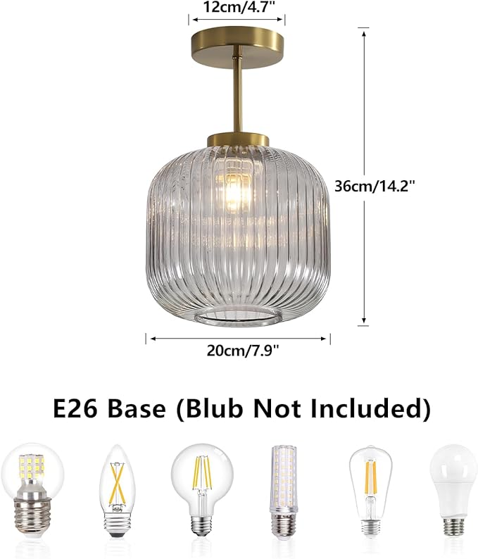 KCO Lighting Smoked Glass Ceiling Light Small Globe Semi Flush Mount Ceiling Light Modern Gold Flush Mount Ceiling Lighting Brass Hallway Ceiling Lights Entryway Schoolhouse Ceiling Lights