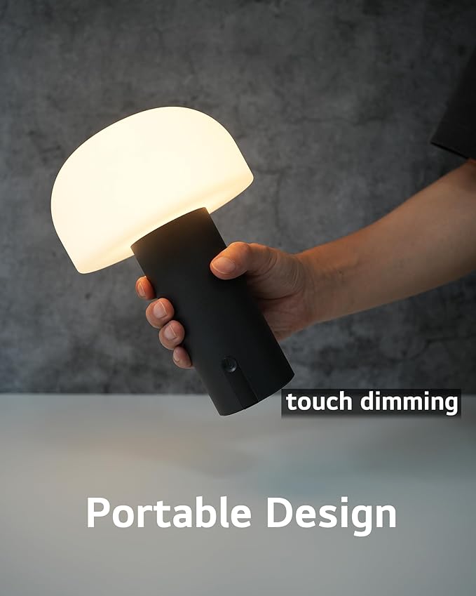 WEILAILUX Cordless Mushroom Table Lamp, Waterproof Shower Lamp, Battery Operated Table Lamp Rechargeable, Touch Dimmable Night Light for Bedroom/Patio/Camping/Dinning/Outdoor (Black)
